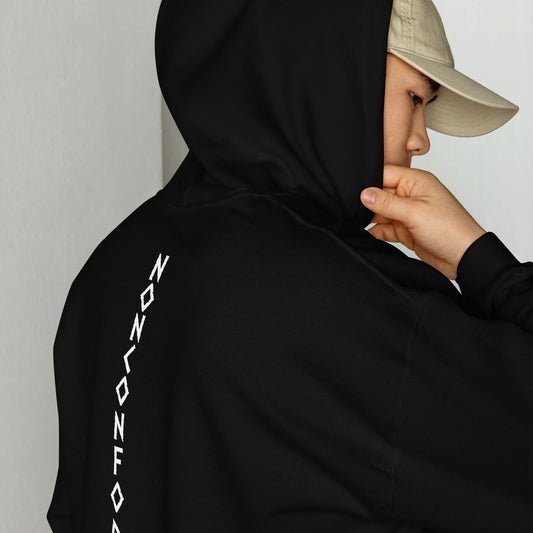 Black hoodie with logo on the back