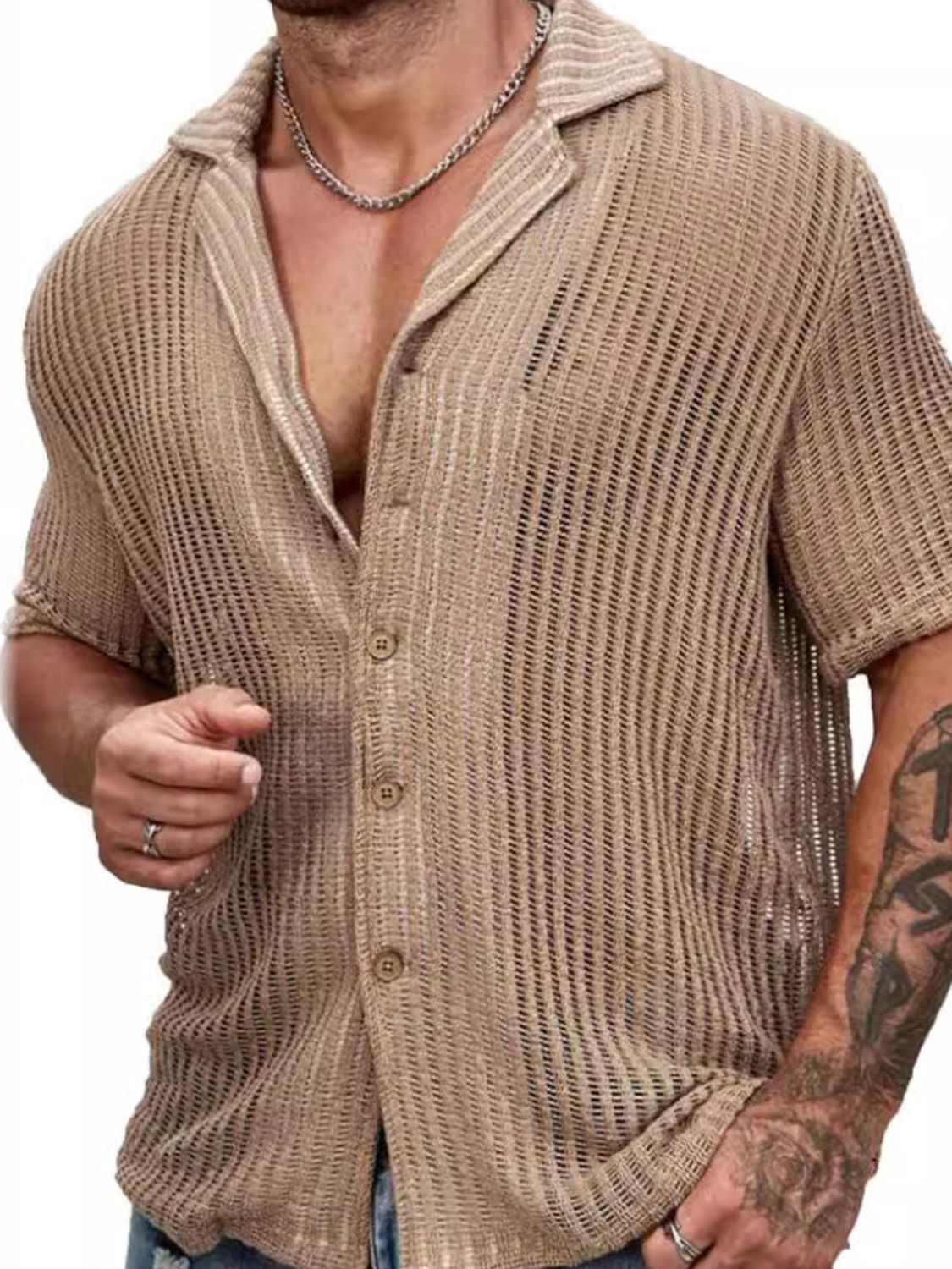 Men's Full Size Openwork Button Down Short Sleeve Shirt
