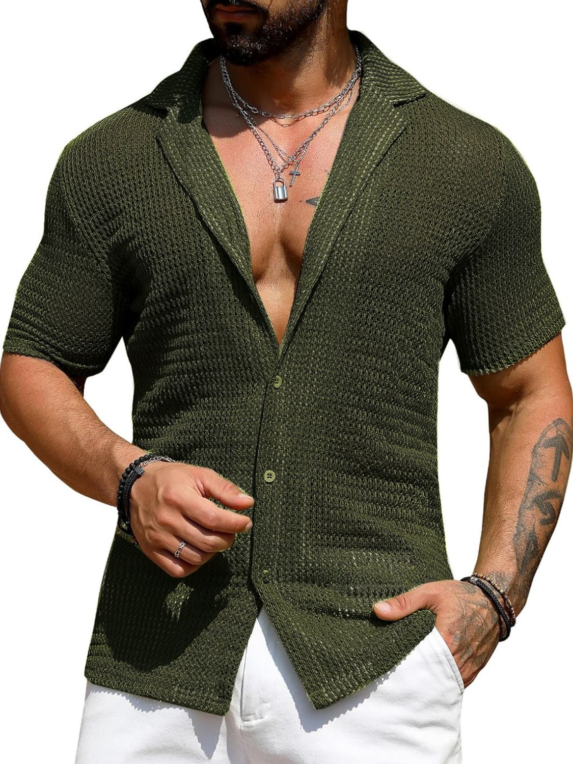 Men's Full Size Openwork Button Down Short Sleeve Shirt