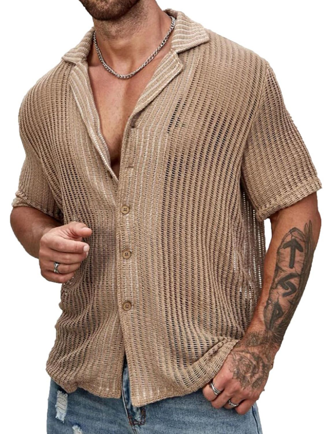 Men's Full Size Openwork Button Down Short Sleeve Shirt