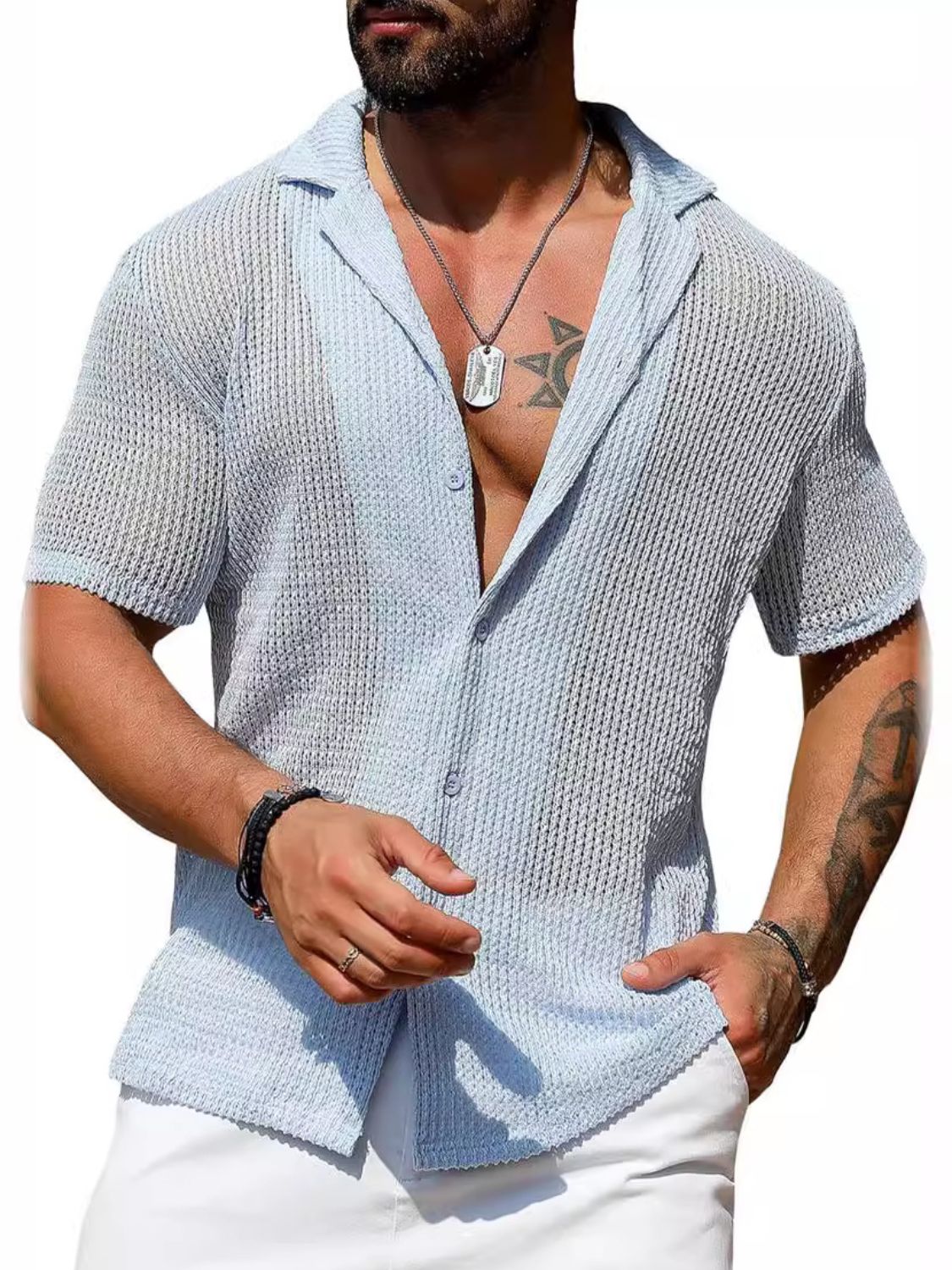 Men's Full Size Openwork Button Down Short Sleeve Shirt