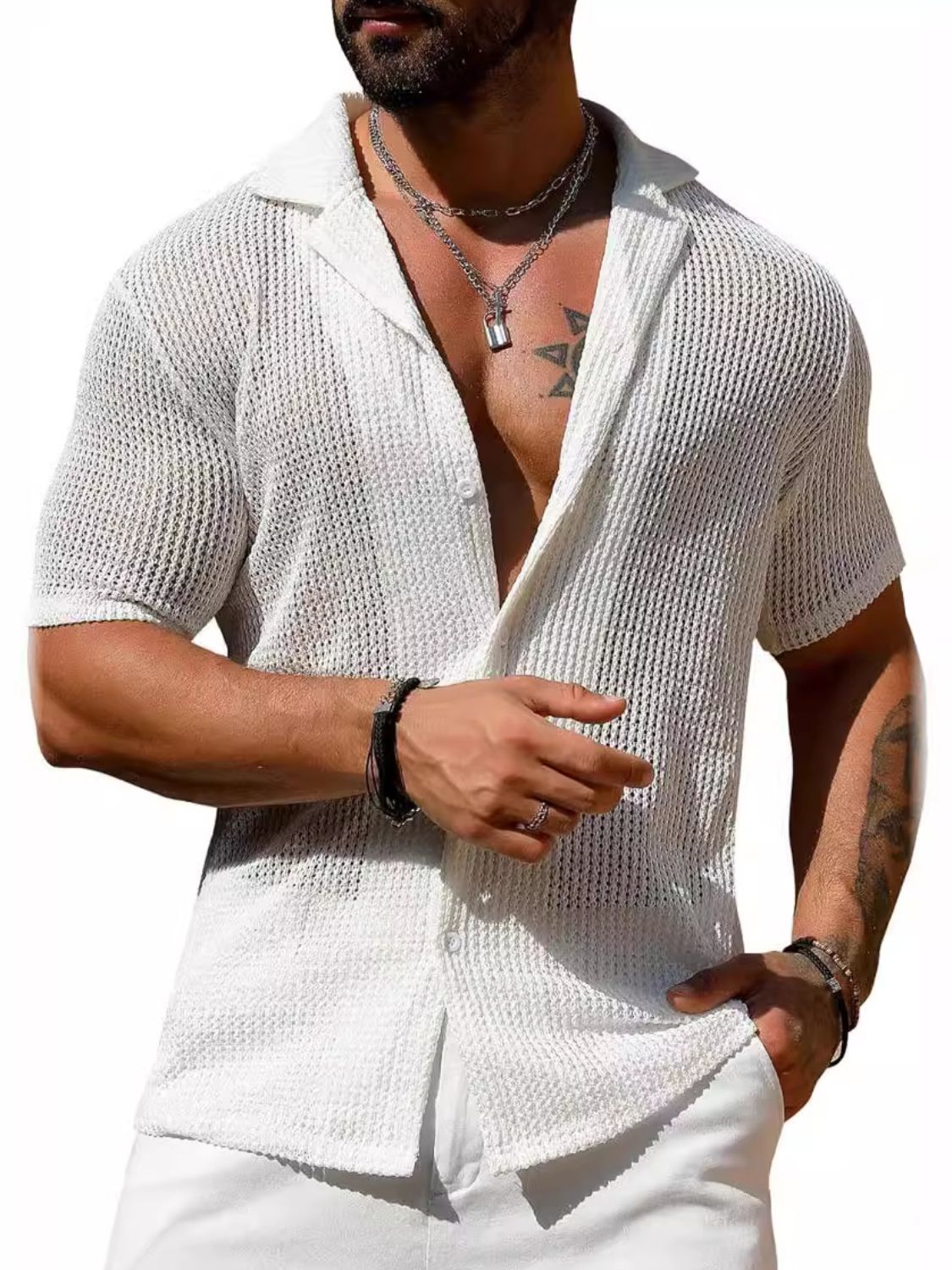 Men's Full Size Openwork Button Down Short Sleeve Shirt