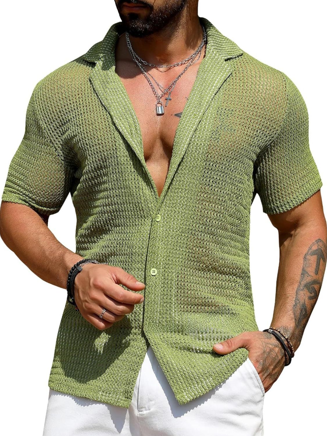 Men's Full Size Openwork Button Down Short Sleeve Shirt
