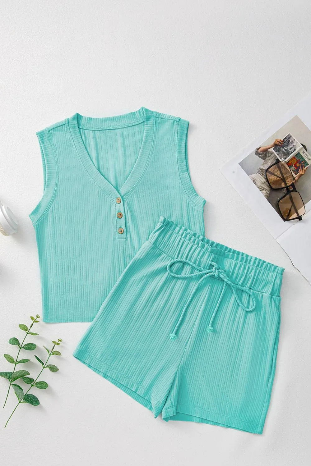 Ribbed Button V Neck Tank Top and Shorts Set