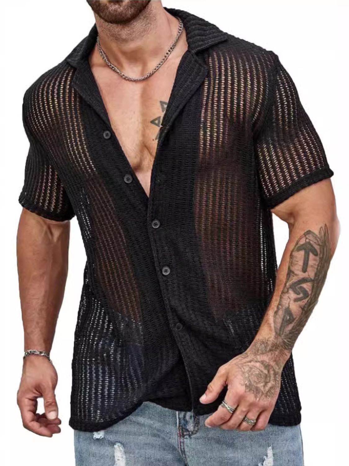 Men's Full Size Openwork Button Down Short Sleeve Shirt