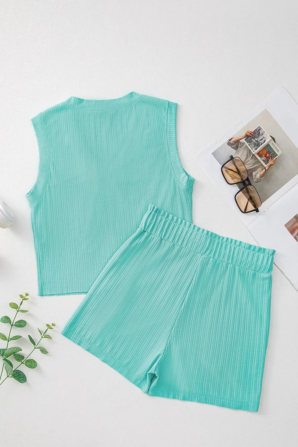 Ribbed Button V Neck Tank Top and Shorts Set